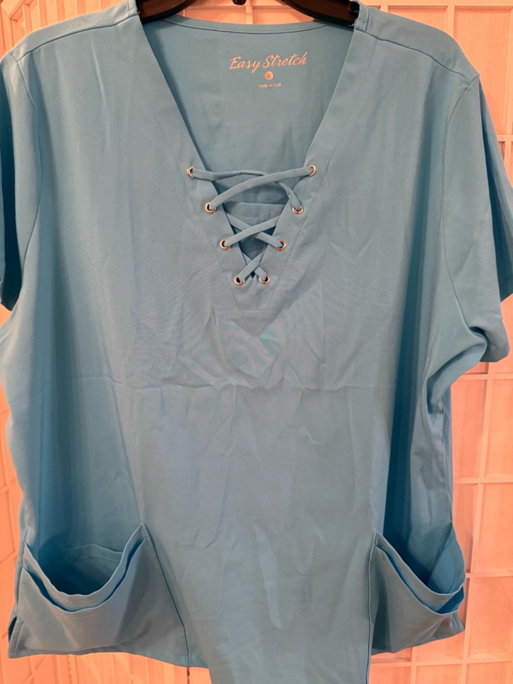 Easy Stretch Women's Lace-Up V-Neck Tunic in Light Blue Ping